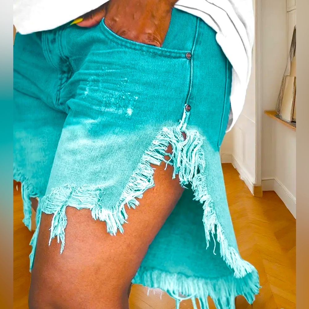 Distressed Hem Side Slit Ombre Teal Denim With Pockets Size 2X (16)